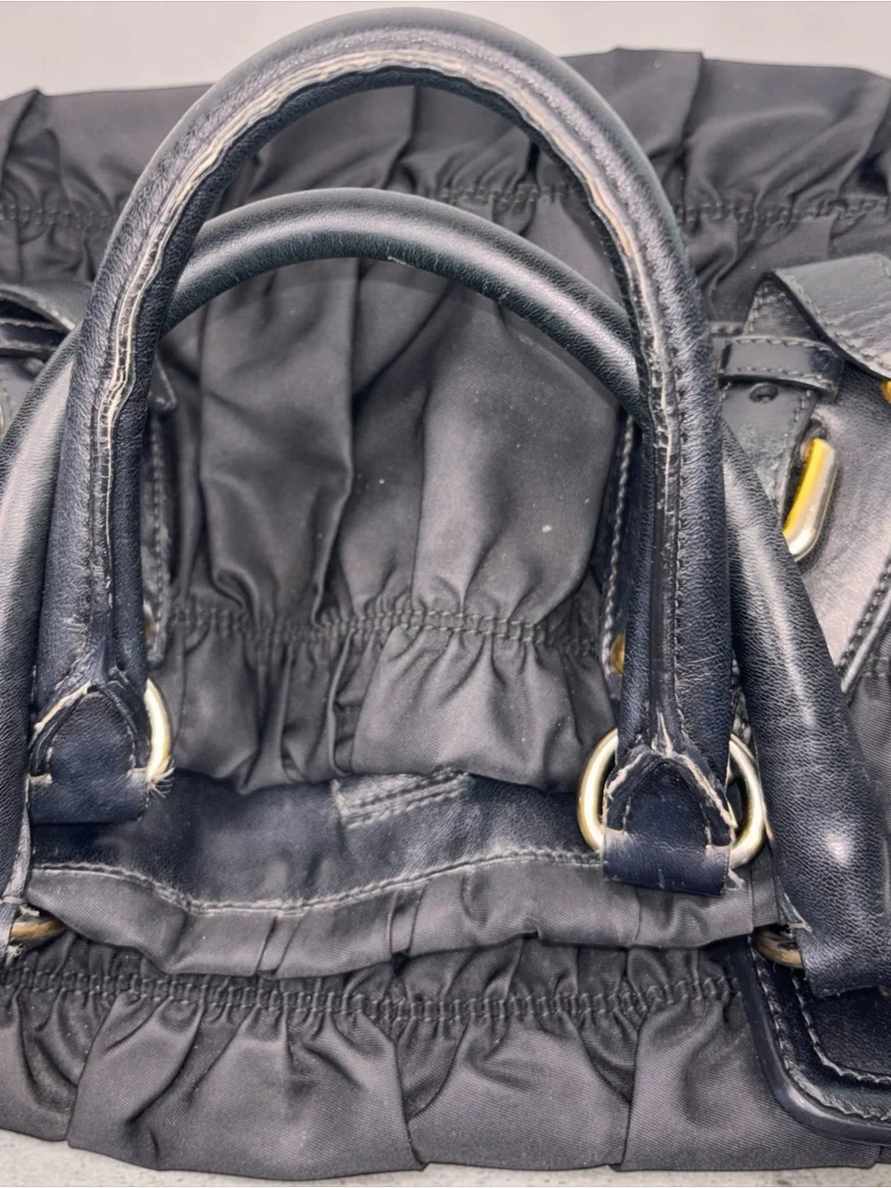 Prada Black Gathered Nylon Tote with Gold Hardware and Matching Wallet